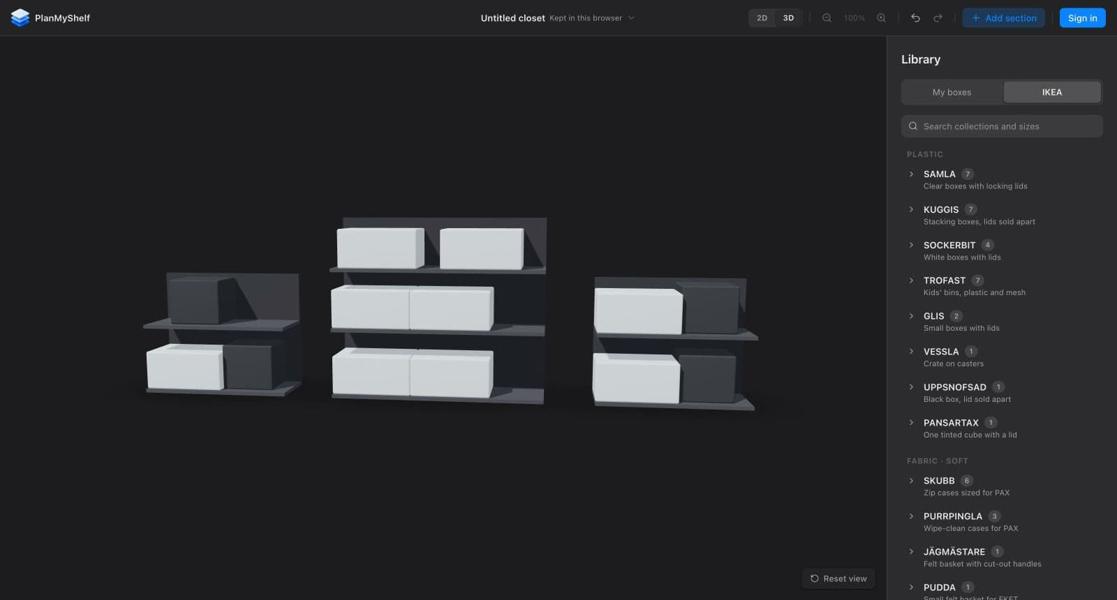 The PlanMyShelf planner in 3D view: three closet sections with white and grey IKEA boxes drawn to scale, and the IKEA library open on the right.